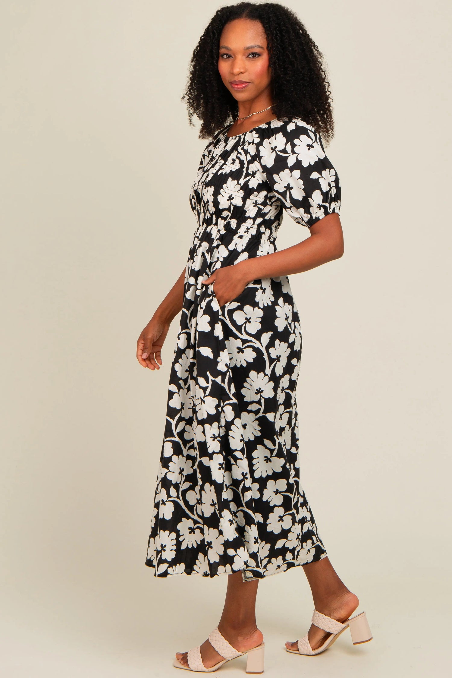PinkBlush Black Floral Smocked Midi Dress - 