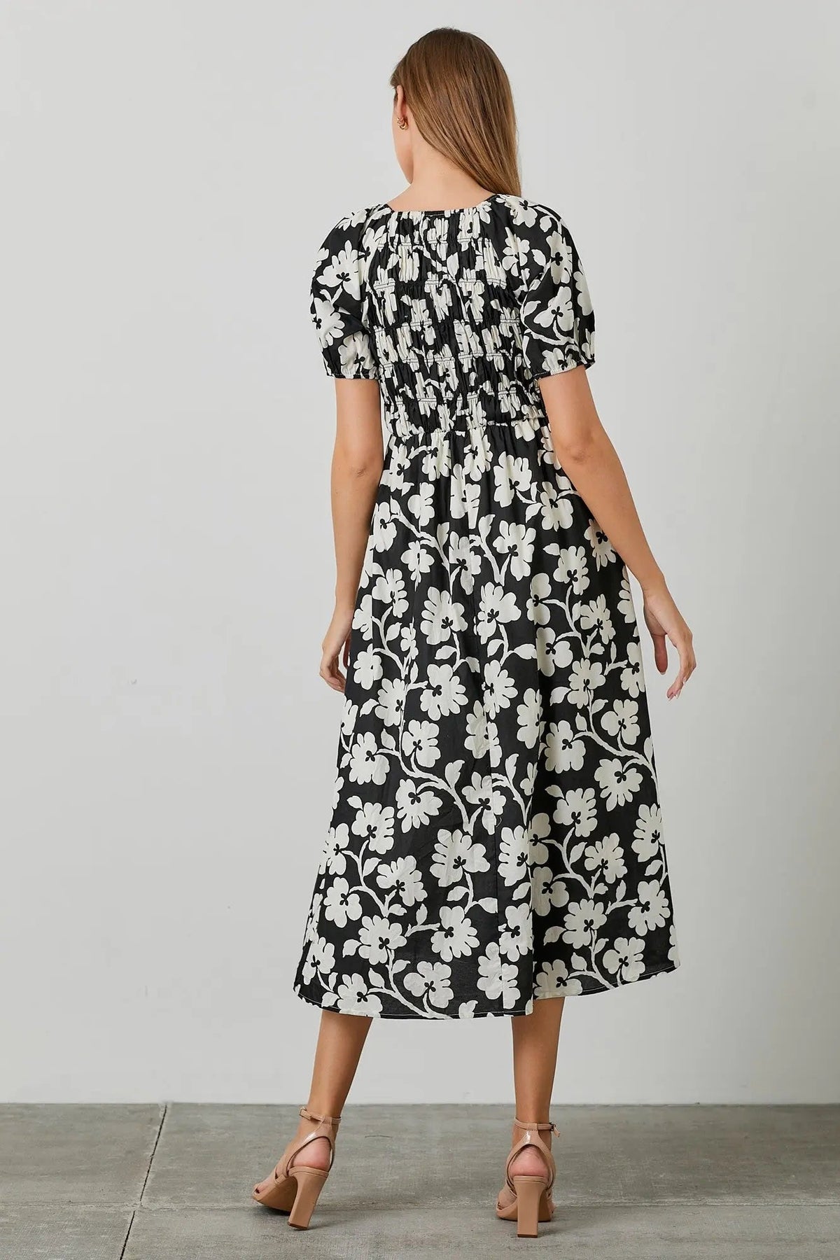 PinkBlush Black Floral Smocked Midi Dress - 