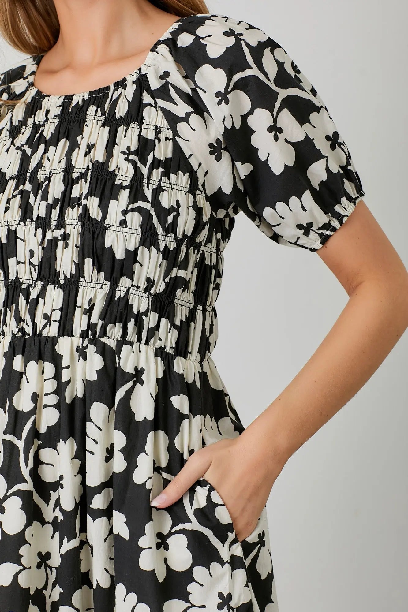 PinkBlush Black Floral Smocked Midi Dress - 