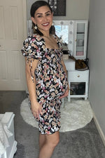 PinkBlush Black Floral Smocked Puff Sleeve Maternity Dress - 