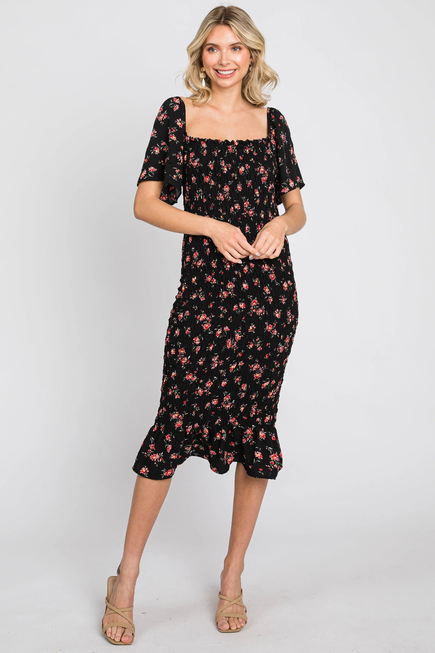 PinkBlush Black Floral Smocked Ruffle Hem Dress - 