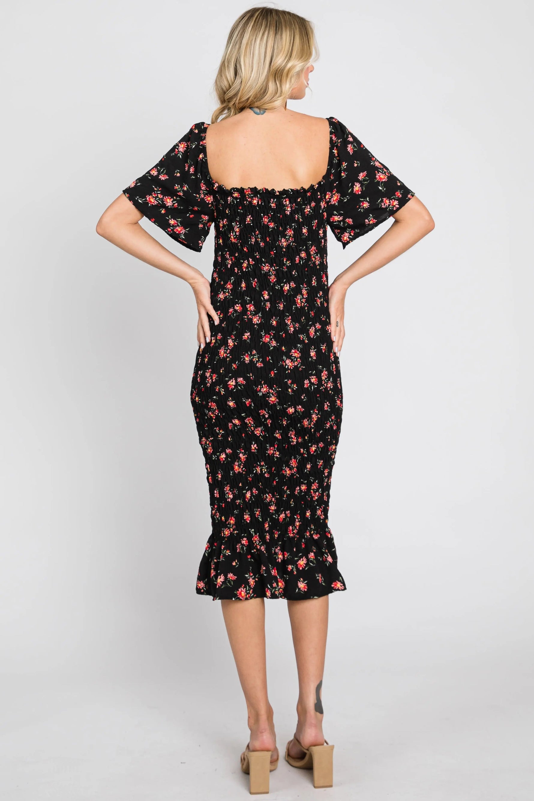 PinkBlush Black Floral Smocked Ruffle Hem Dress - 