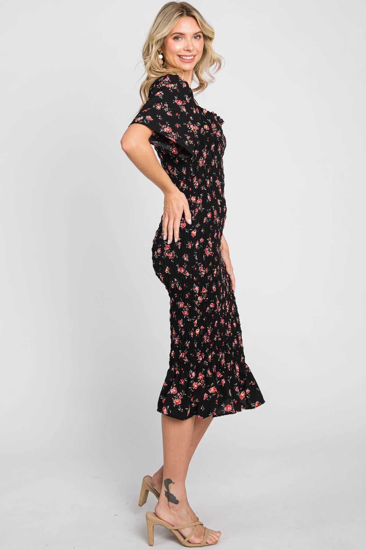 PinkBlush Black Floral Smocked Ruffle Hem Dress - 