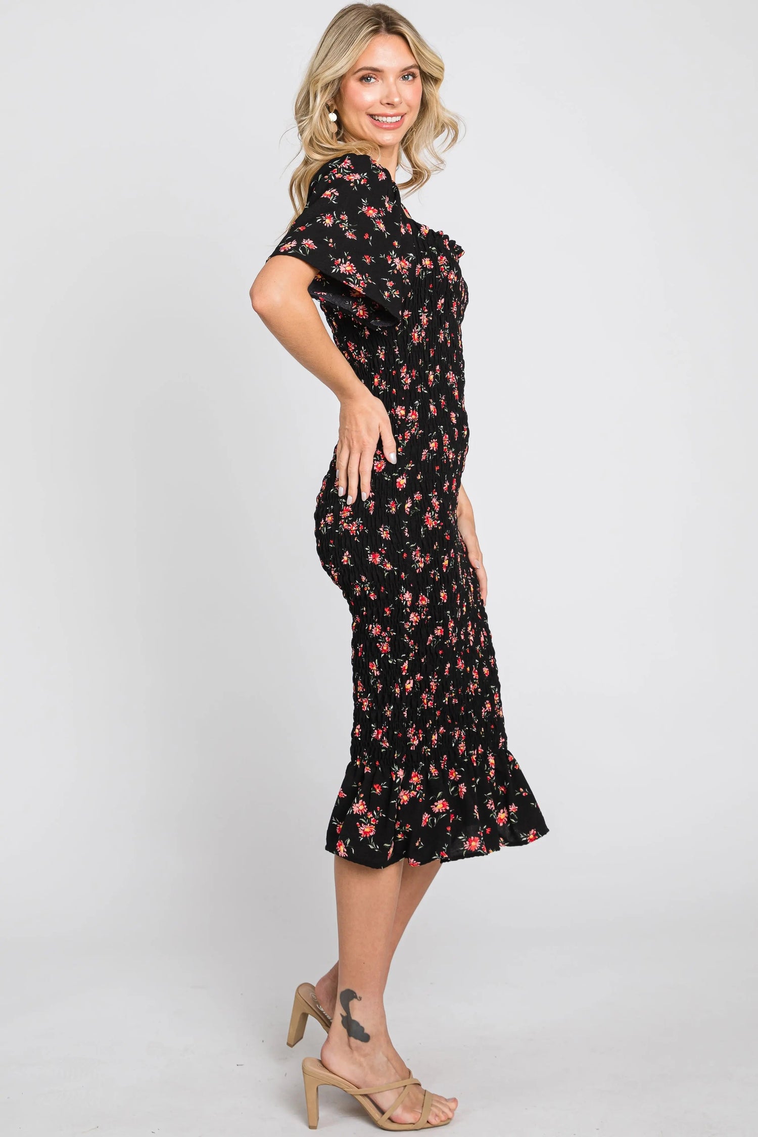 PinkBlush Black Floral Smocked Ruffle Hem Dress - 