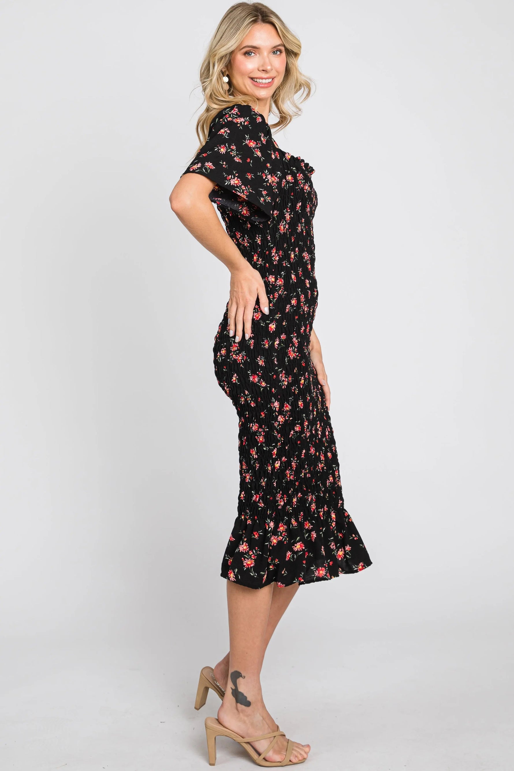 PinkBlush Black Floral Smocked Ruffle Hem Dress - 