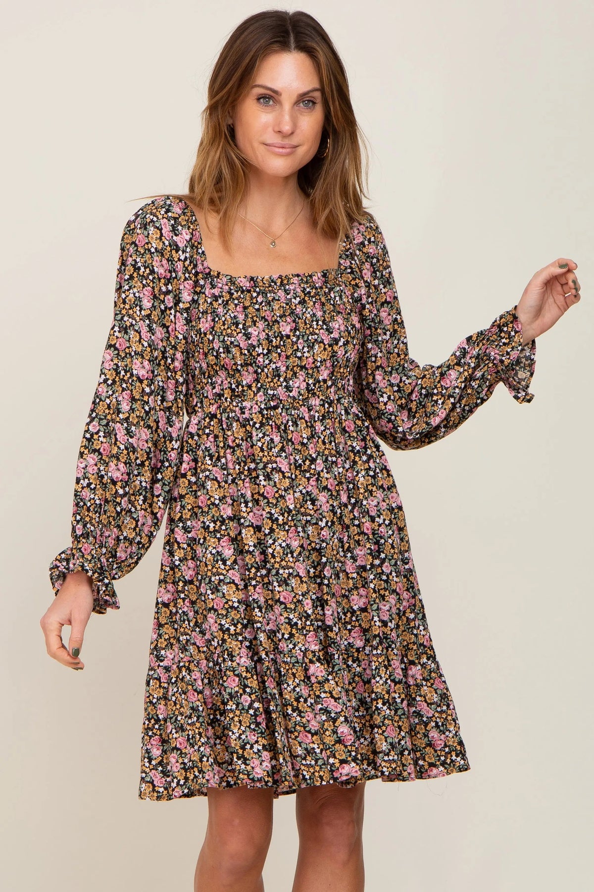 PinkBlush Black Floral Smocked Square Neck Dress - 