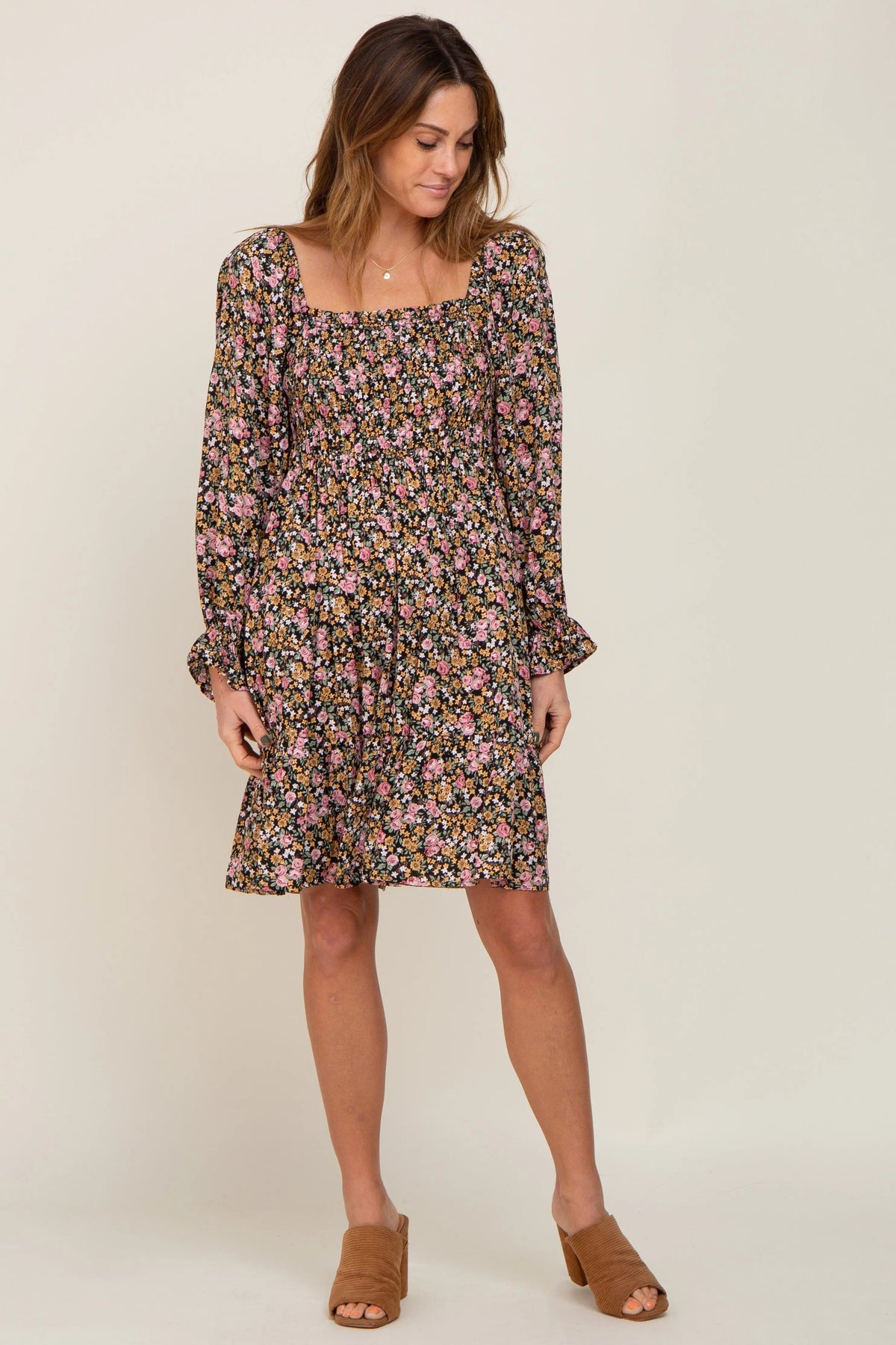 PinkBlush Black Floral Smocked Square Neck Dress - 