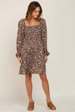 PinkBlush Black Floral Smocked Square Neck Dress - 
