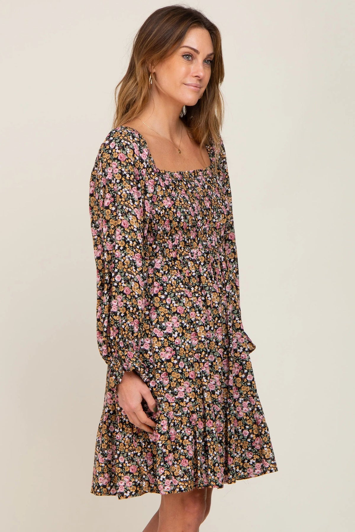 PinkBlush Black Floral Smocked Square Neck Dress - 
