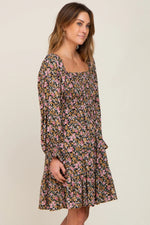 PinkBlush Black Floral Smocked Square Neck Dress - 