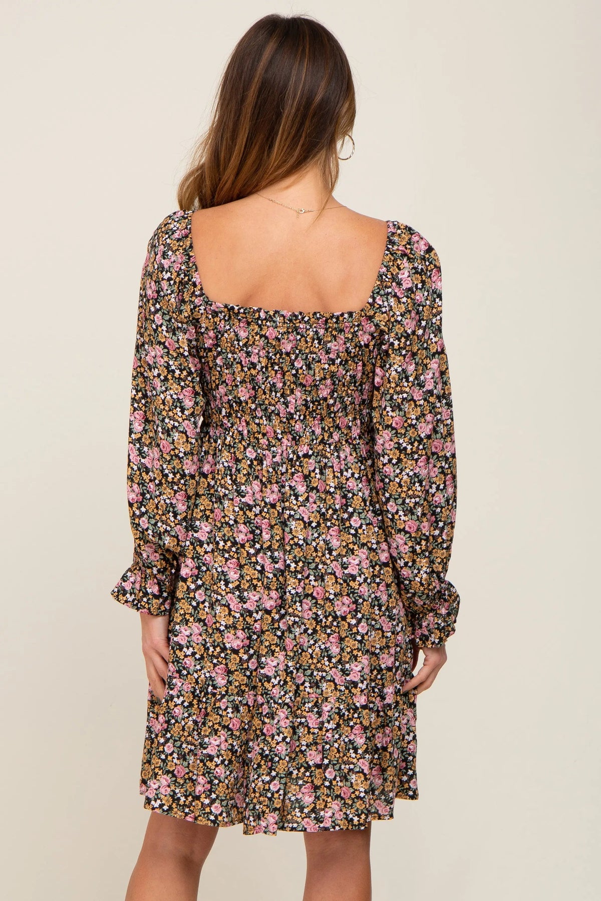 PinkBlush Black Floral Smocked Square Neck Dress - 