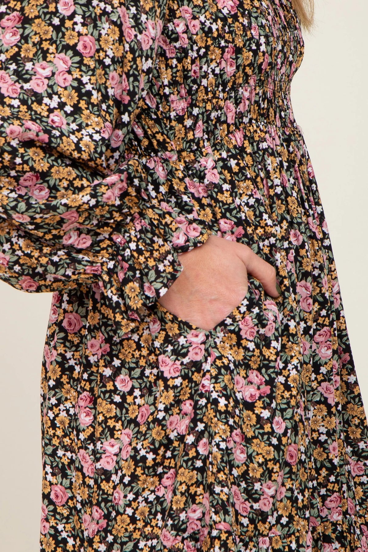 PinkBlush Black Floral Smocked Square Neck Dress - 