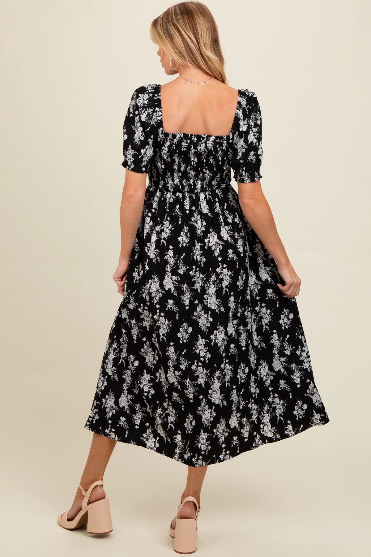 PinkBlush Black Floral Smocked Sweetheart Neckline Maternity Midi Dress - 
