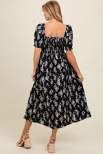 PinkBlush Black Floral Smocked Sweetheart Neckline Maternity Midi Dress - 