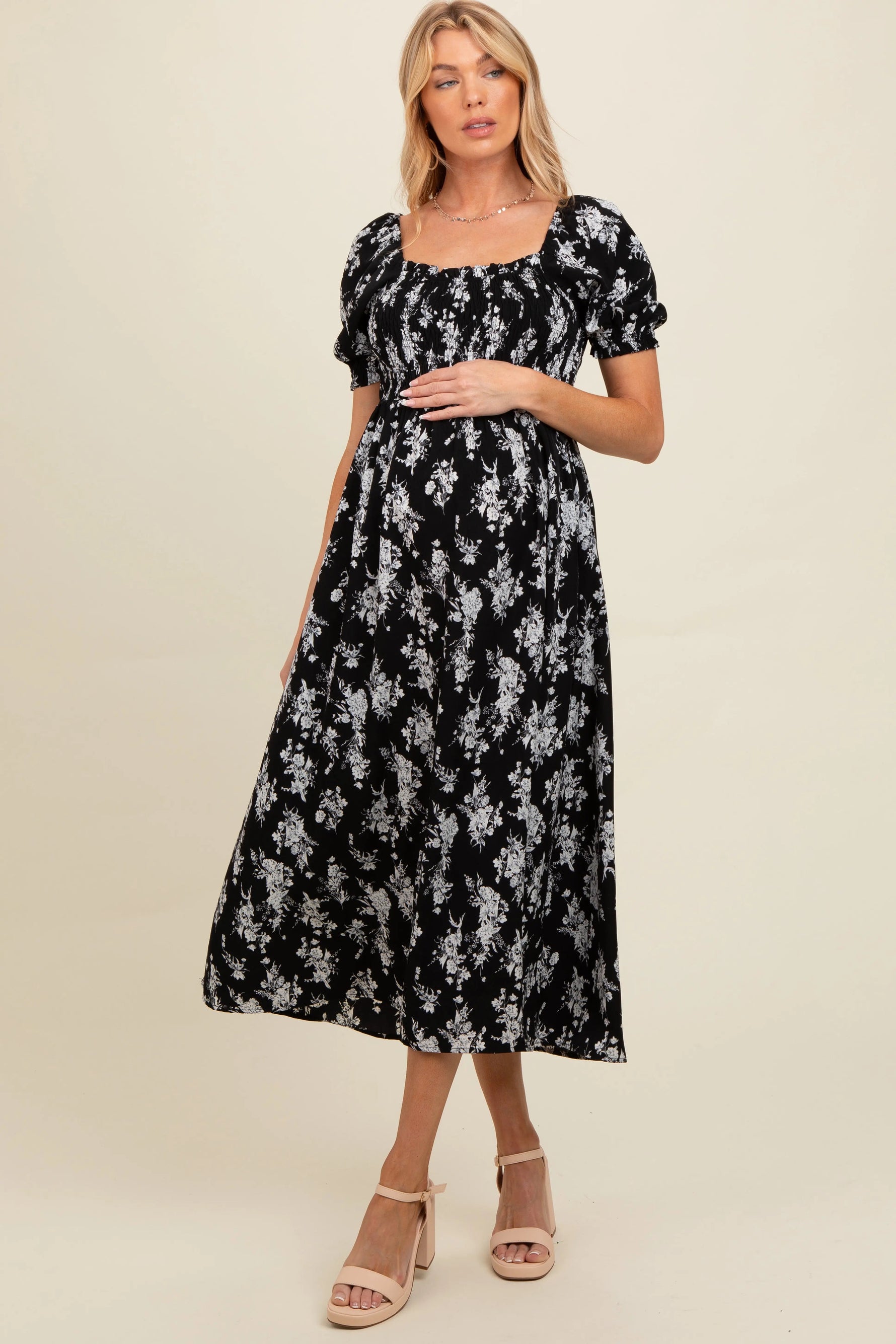 PinkBlush Black Floral Smocked Sweetheart Neckline Maternity Midi Dress - 