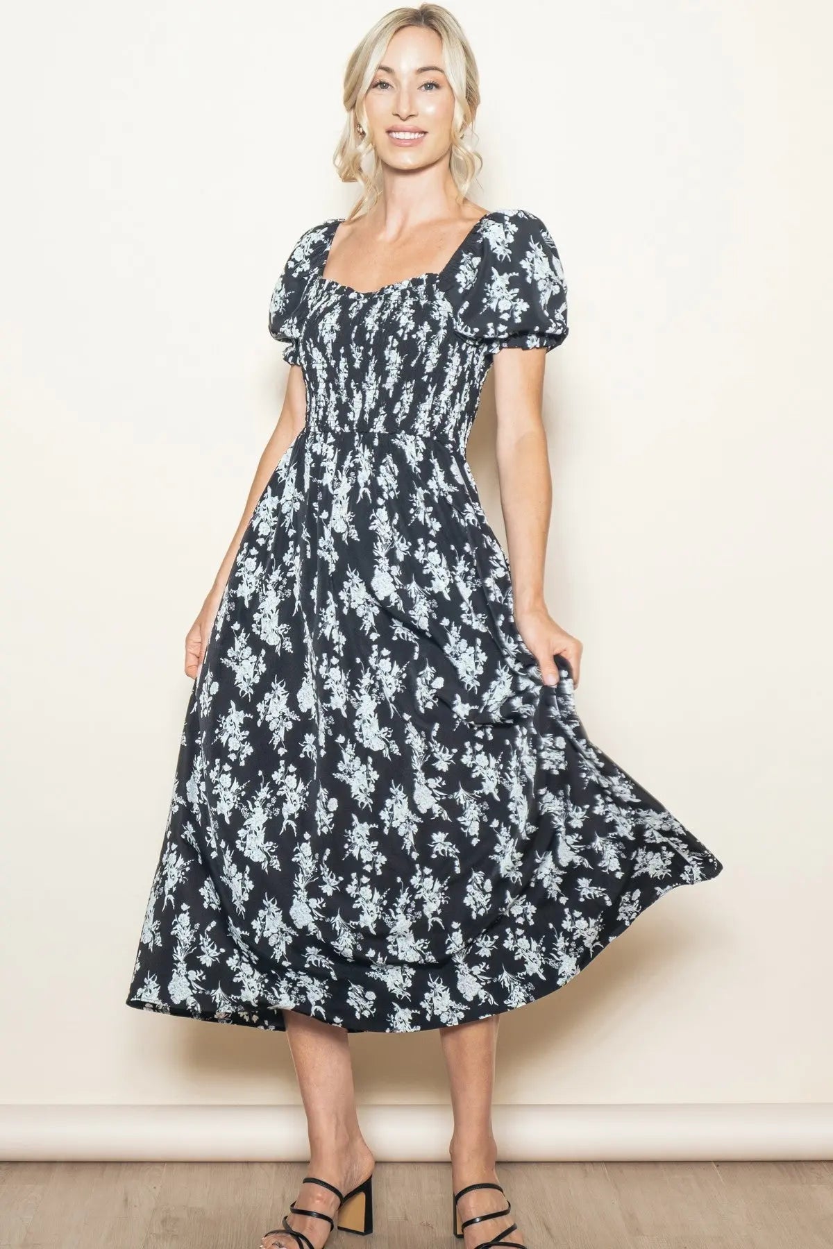 PinkBlush Black Floral Smocked Sweetheart Neckline Maternity Midi Dress - 