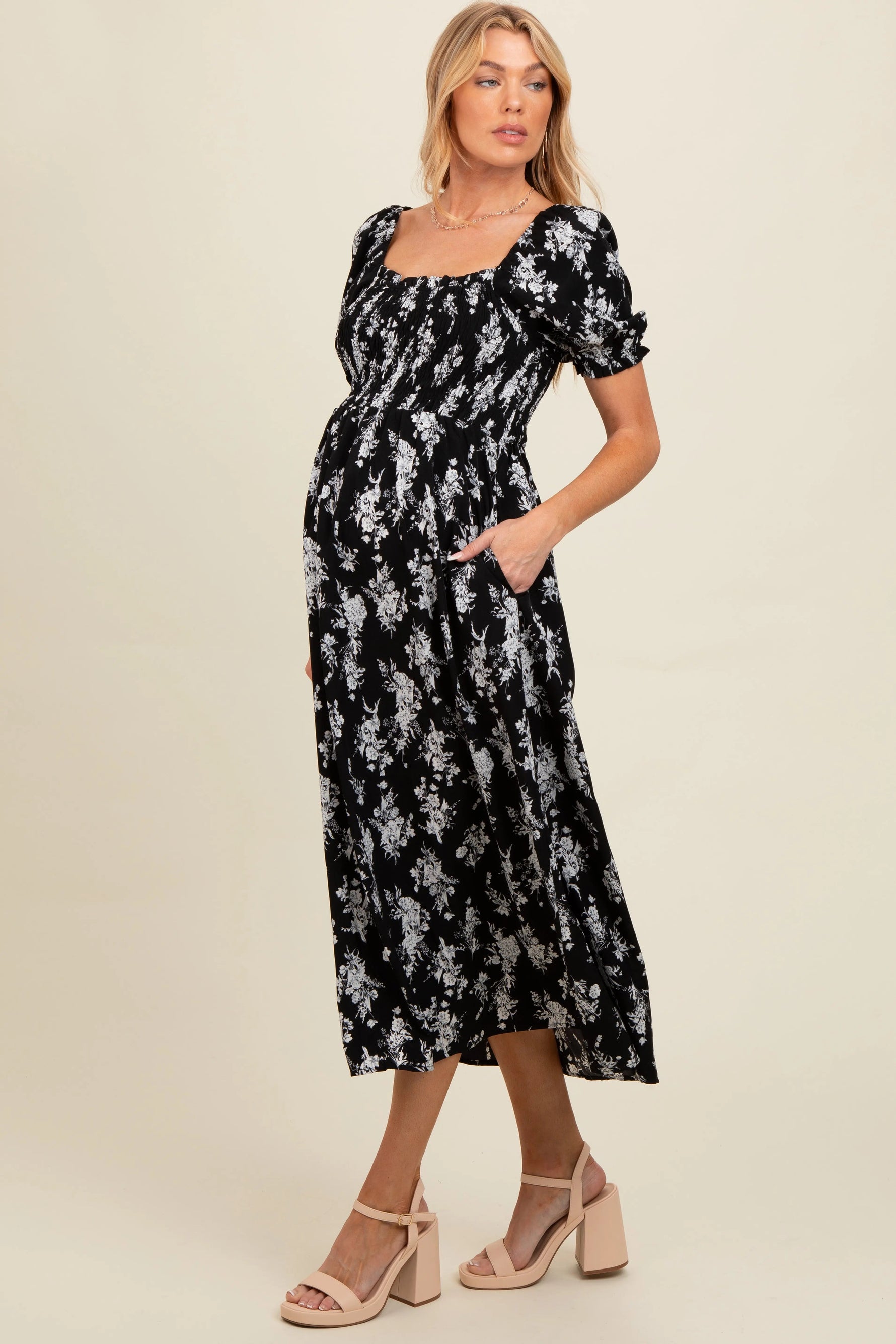 PinkBlush Black Floral Smocked Sweetheart Neckline Maternity Midi Dress - 