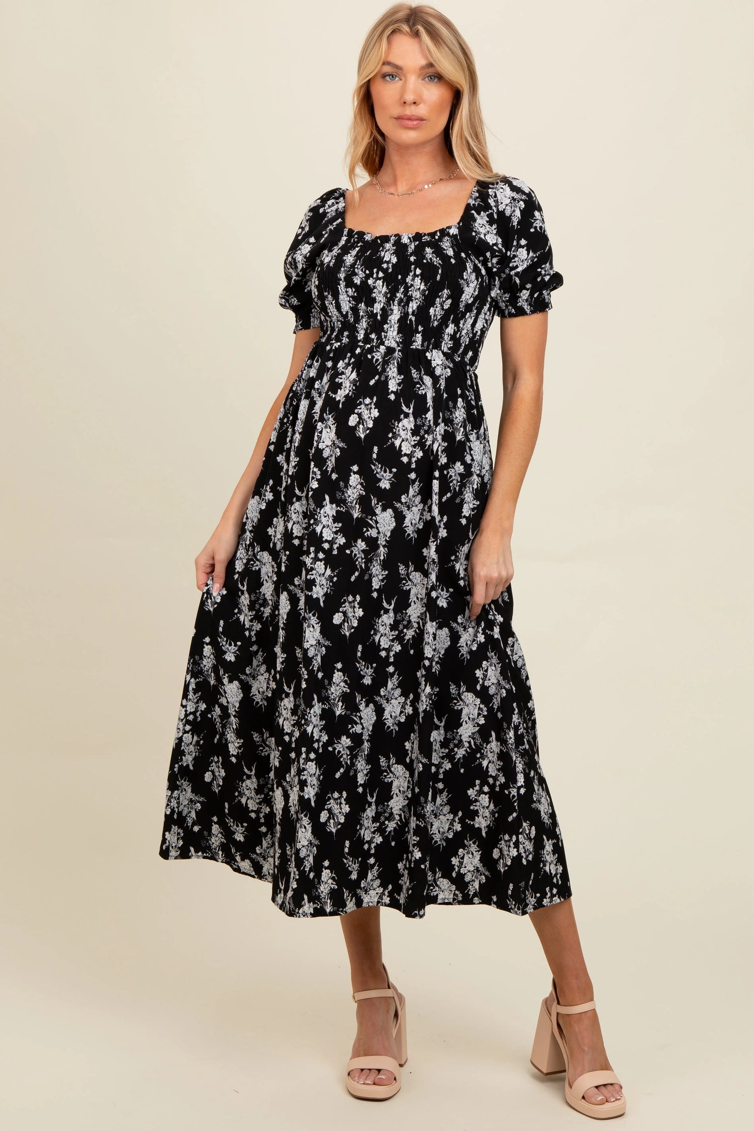 PinkBlush Black Floral Smocked Sweetheart Neckline Maternity Midi Dress - 