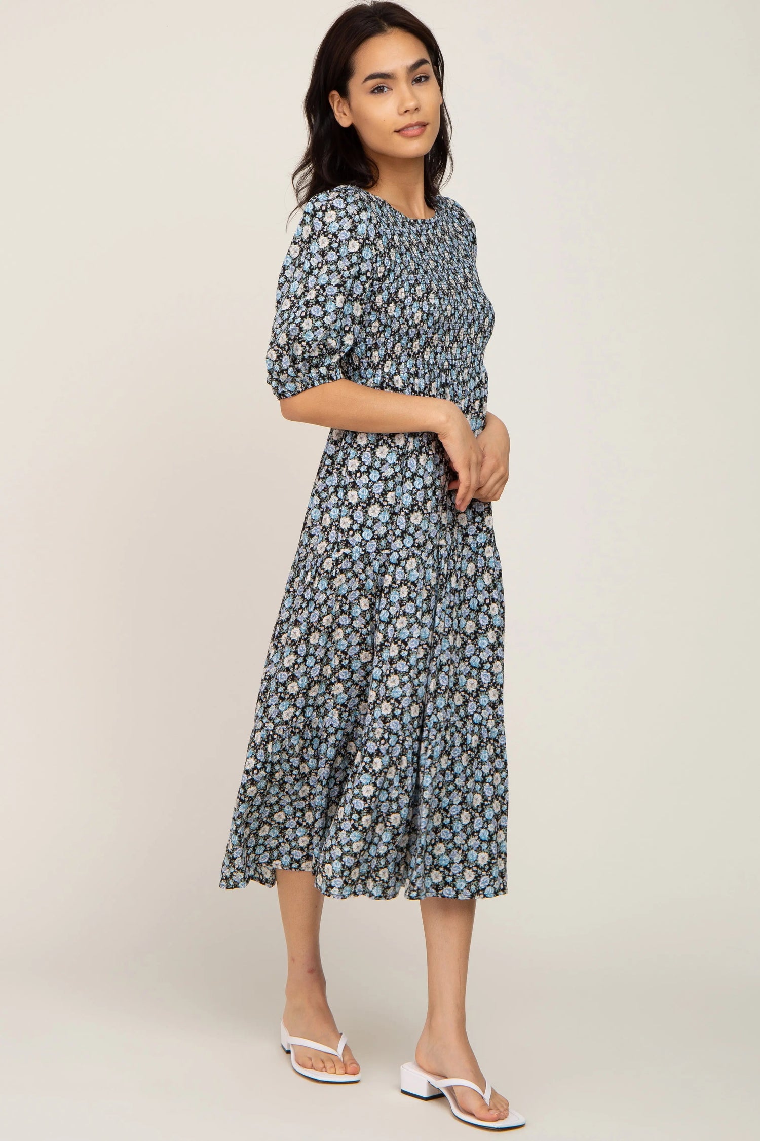 PinkBlush Black Floral Smocked Tiered Midi Dress - 