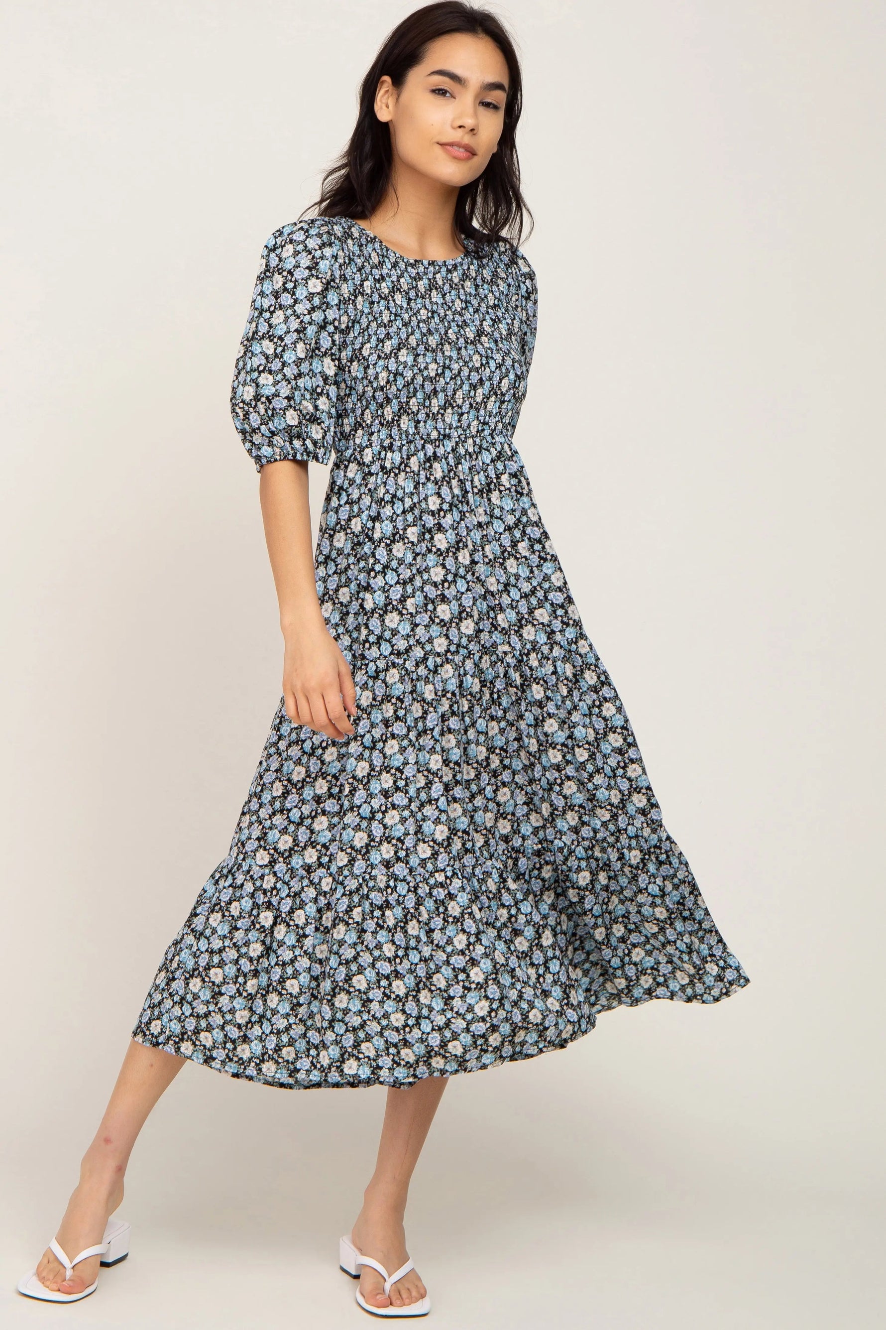 PinkBlush Black Floral Smocked Tiered Midi Dress - 