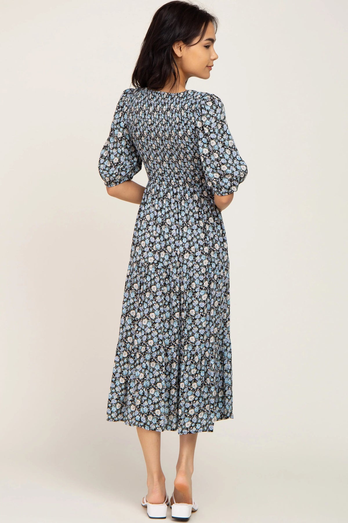 PinkBlush Black Floral Smocked Tiered Midi Dress - 