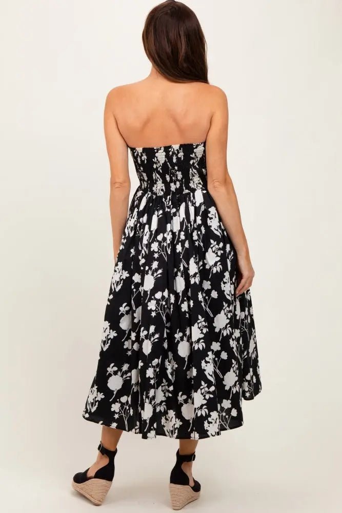 PinkBlush Black Floral Strapless Flare Midi Dress - 