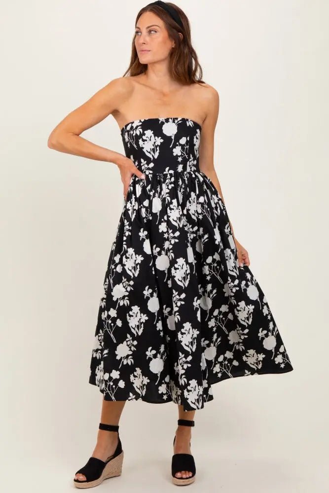 PinkBlush Black Floral Strapless Flare Midi Dress - 