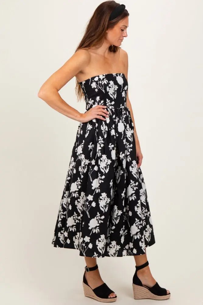 PinkBlush Black Floral Strapless Flare Midi Dress - 