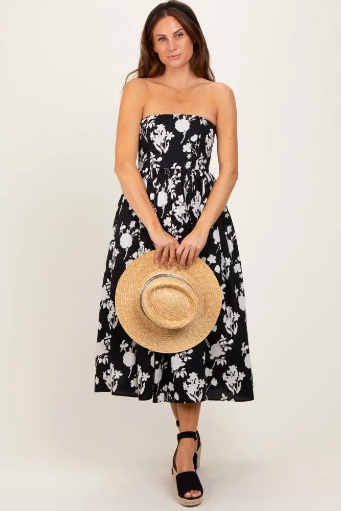 PinkBlush Black Floral Strapless Flare Midi Dress - 