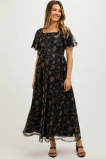 PinkBlush Black Floral Waist Tie Maternity Midi Dress - 