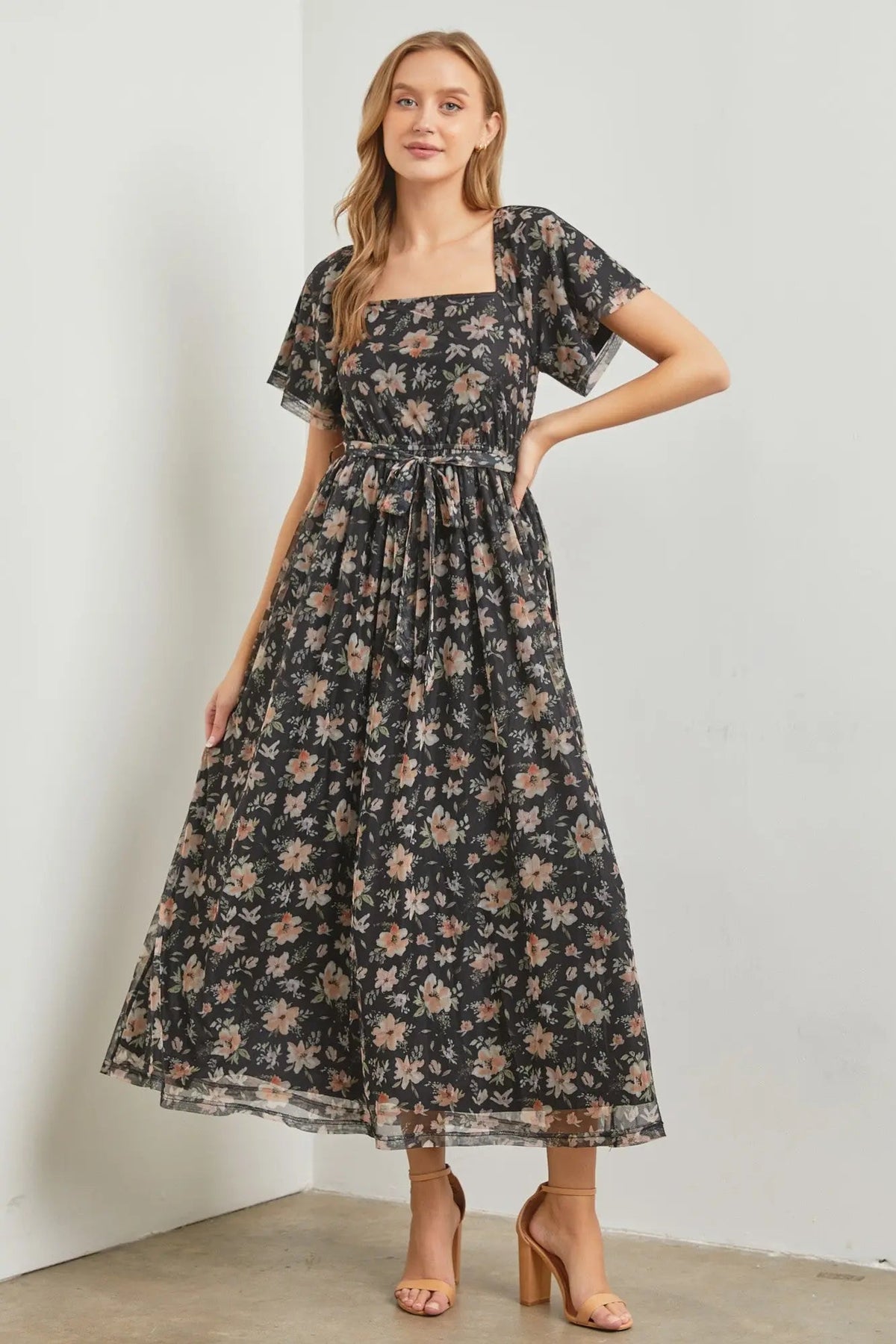 PinkBlush Black Floral Waist Tie Maternity Midi Dress - 
