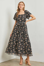 PinkBlush Black Floral Waist Tie Maternity Midi Dress - 