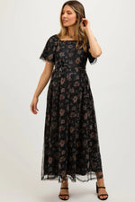 PinkBlush Black Floral Waist Tie Maternity Midi Dress - 