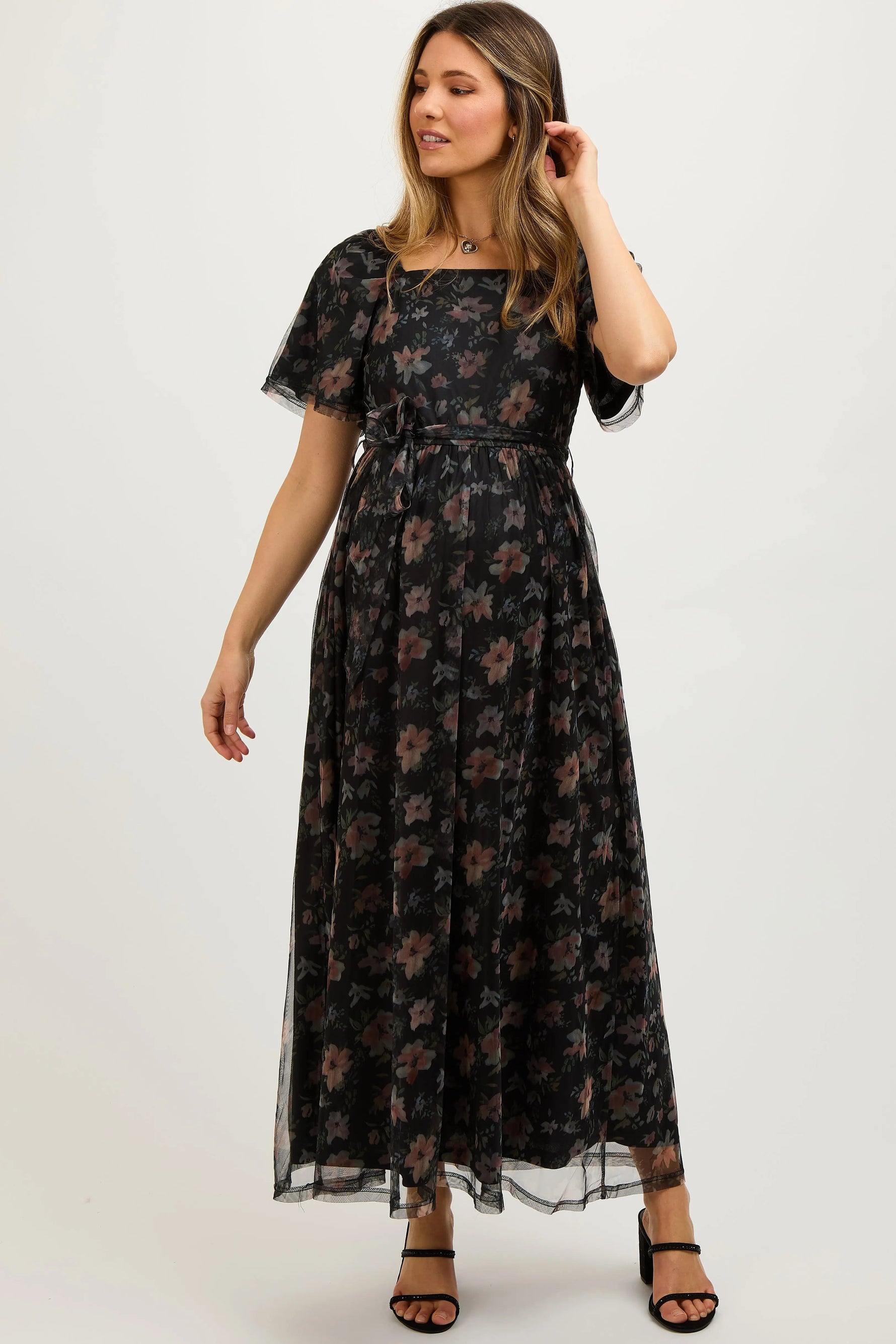PinkBlush Black Floral Waist Tie Maternity Midi Dress - 