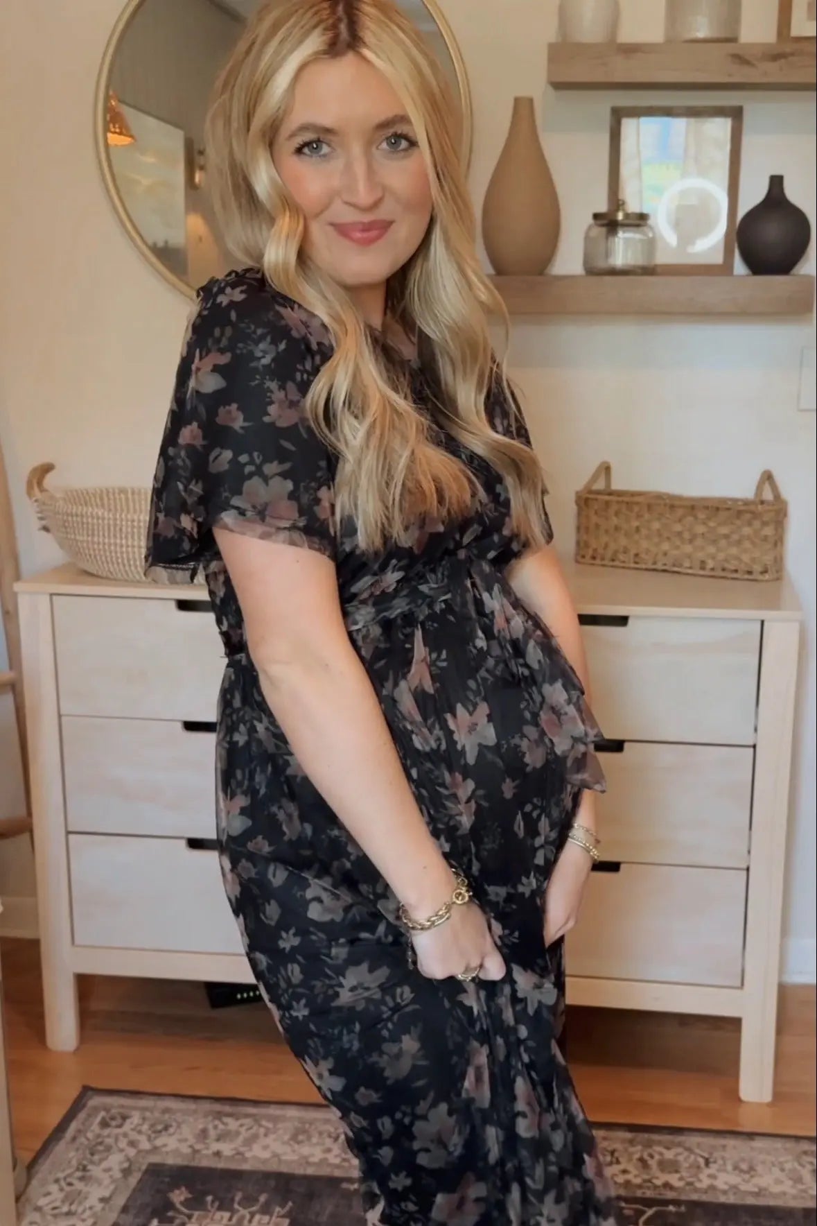 PinkBlush Black Floral Waist Tie Maternity Midi Dress - 