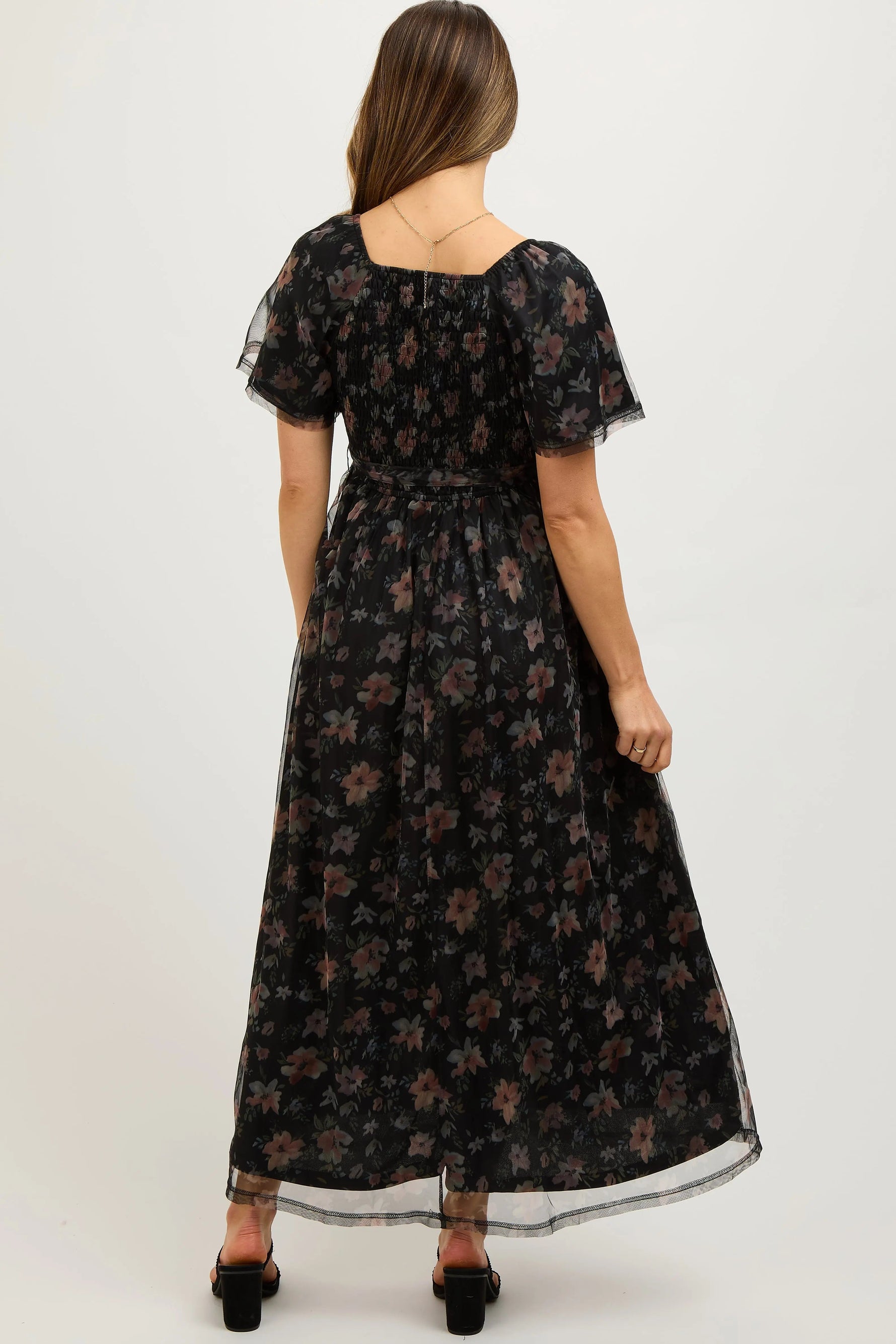 PinkBlush Black Floral Waist Tie Maternity Midi Dress - 