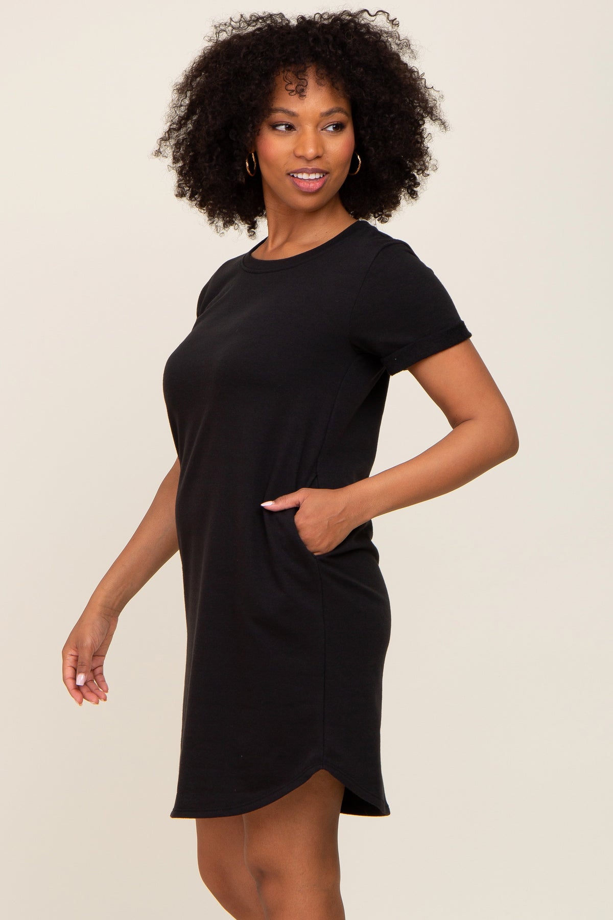 PinkBlush Black French Terry Cuffed Short Sleeve Dress - 