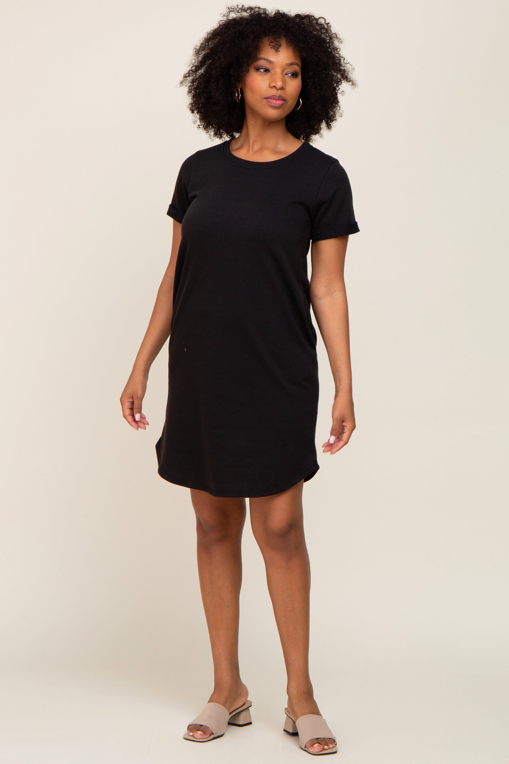 PinkBlush Black French Terry Cuffed Short Sleeve Dress - 