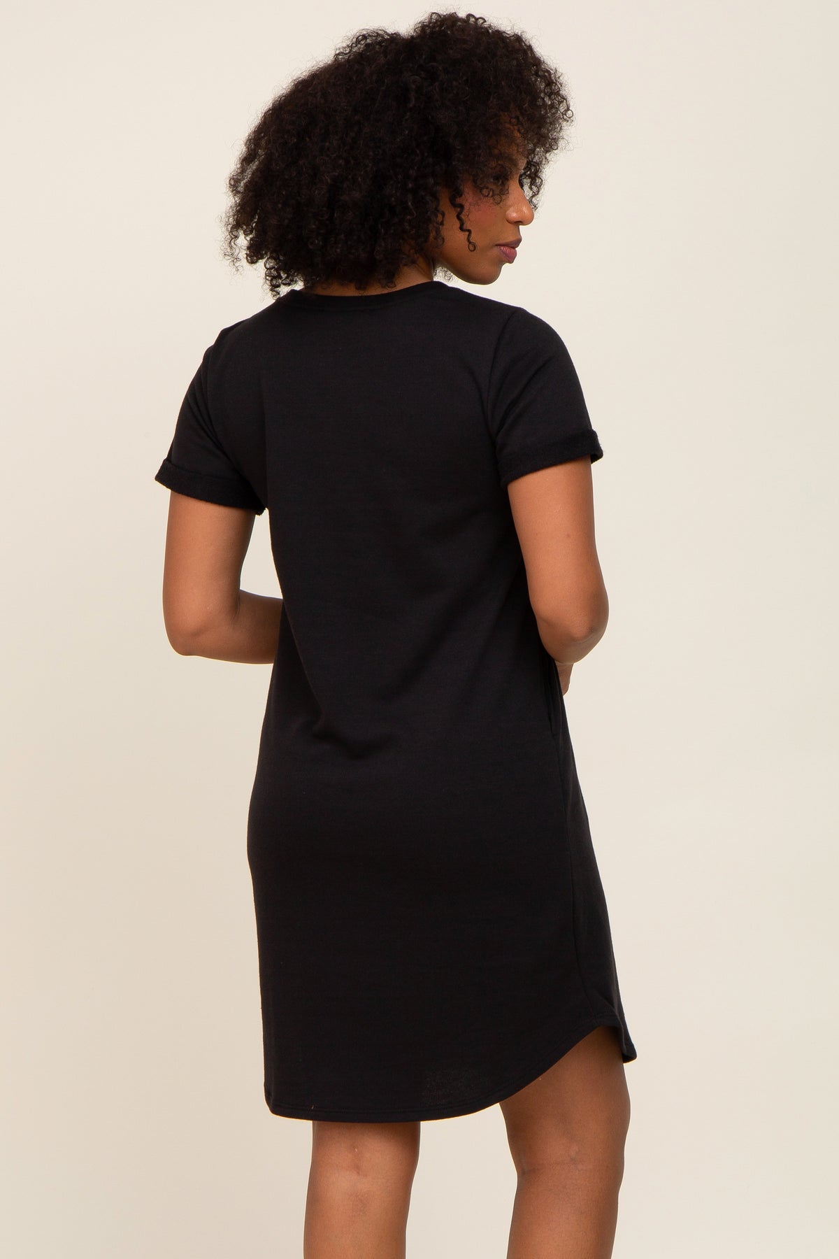 PinkBlush Black French Terry Cuffed Short Sleeve Dress - 
