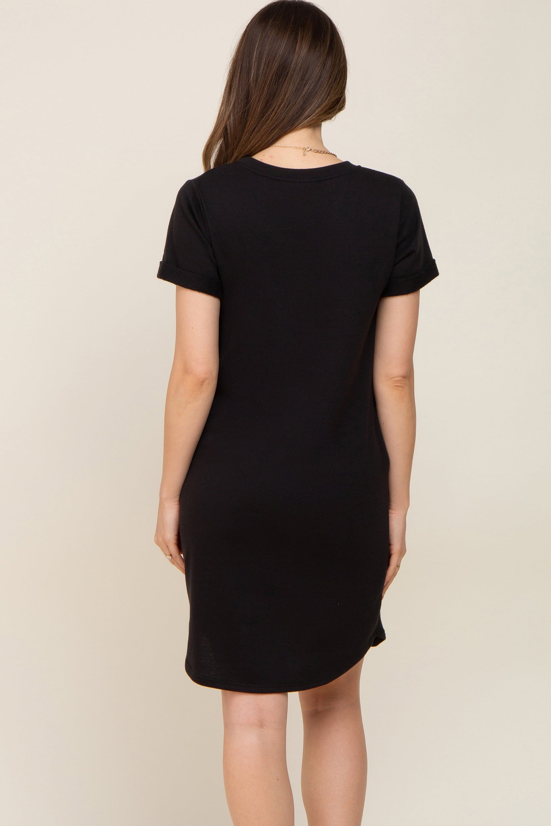 PinkBlush Black French Terry Cuffed Short Sleeve Maternity Dress - 