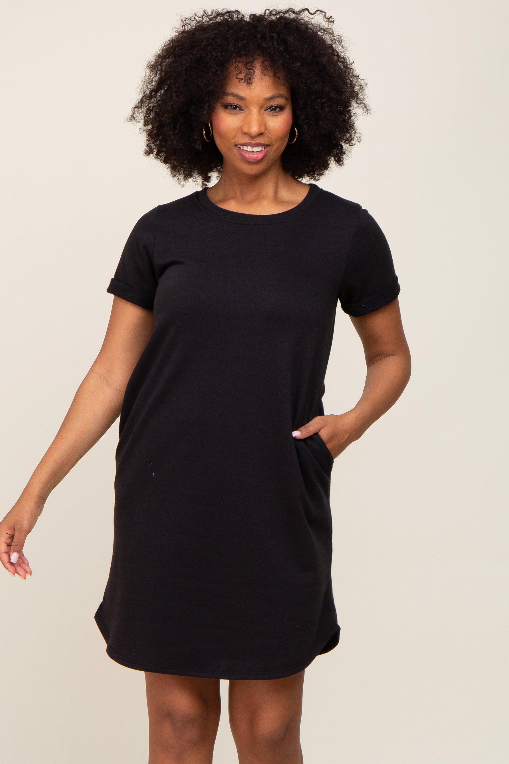 PinkBlush Black French Terry Cuffed Short Sleeve Maternity Dress - 