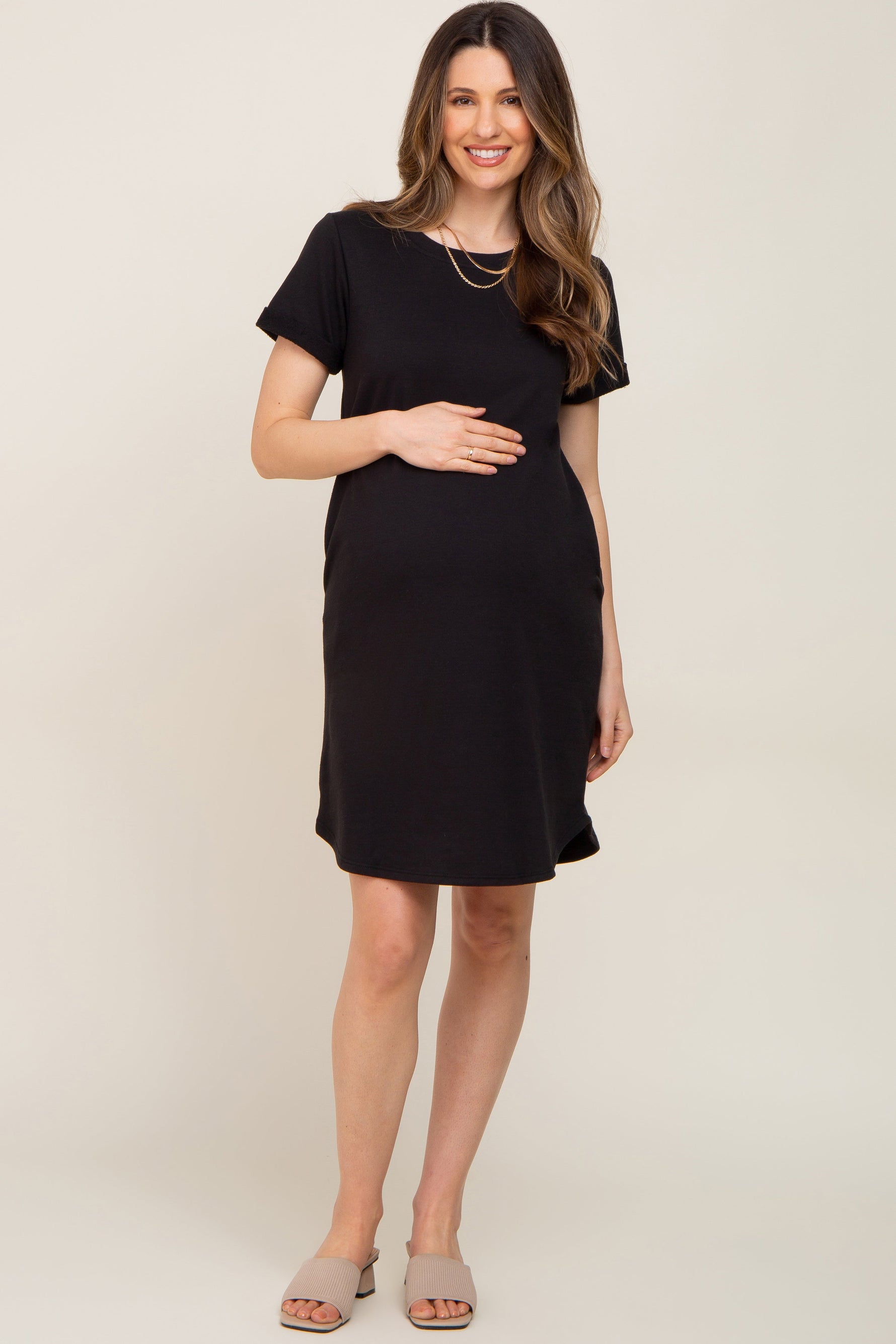 PinkBlush Black French Terry Cuffed Short Sleeve Maternity Dress - 