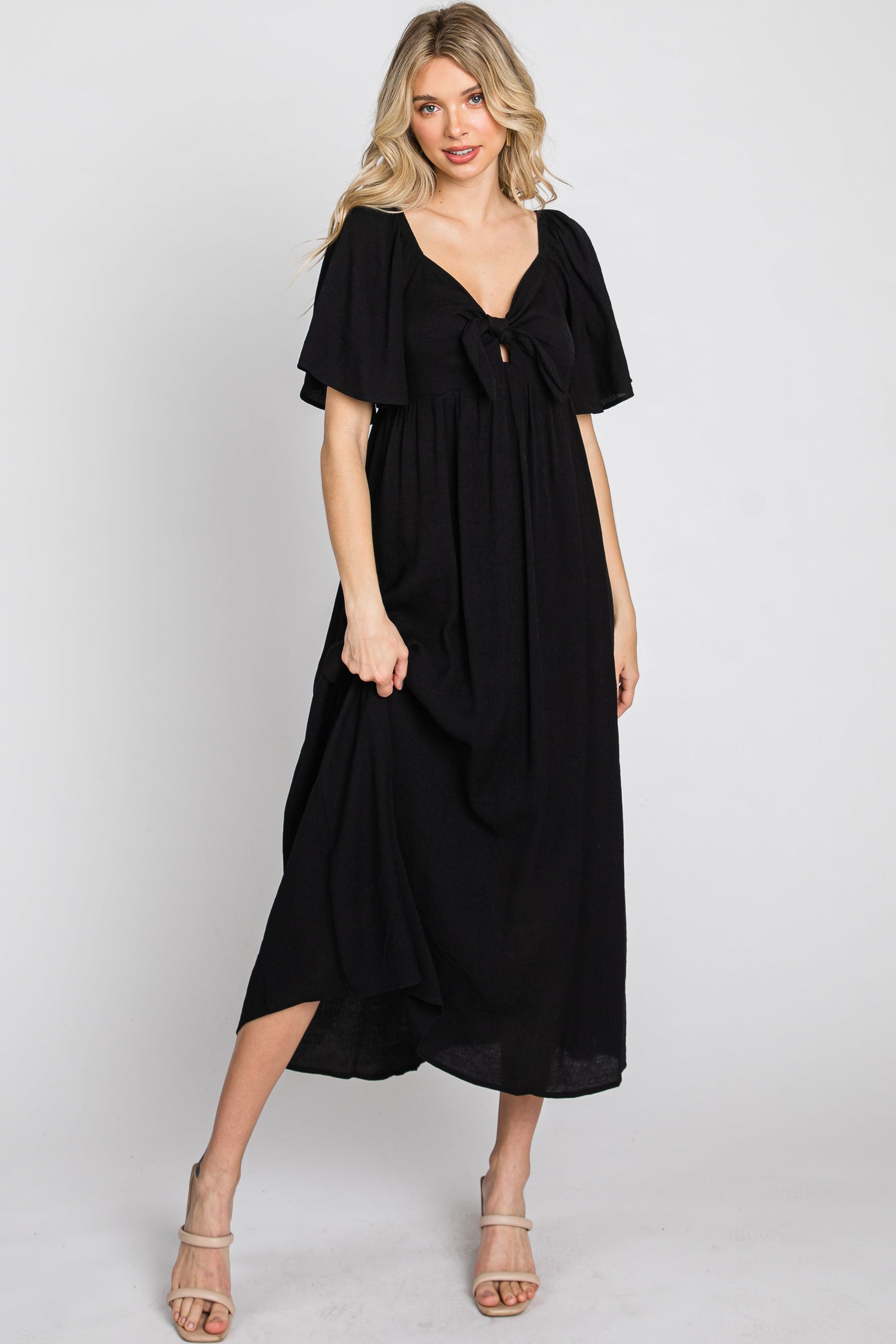 Black Front Tie Ruffle Sleeve Midi Dress - Day Dress, One-piece garment, Person, Sandal, Shoe | Everetts Place
