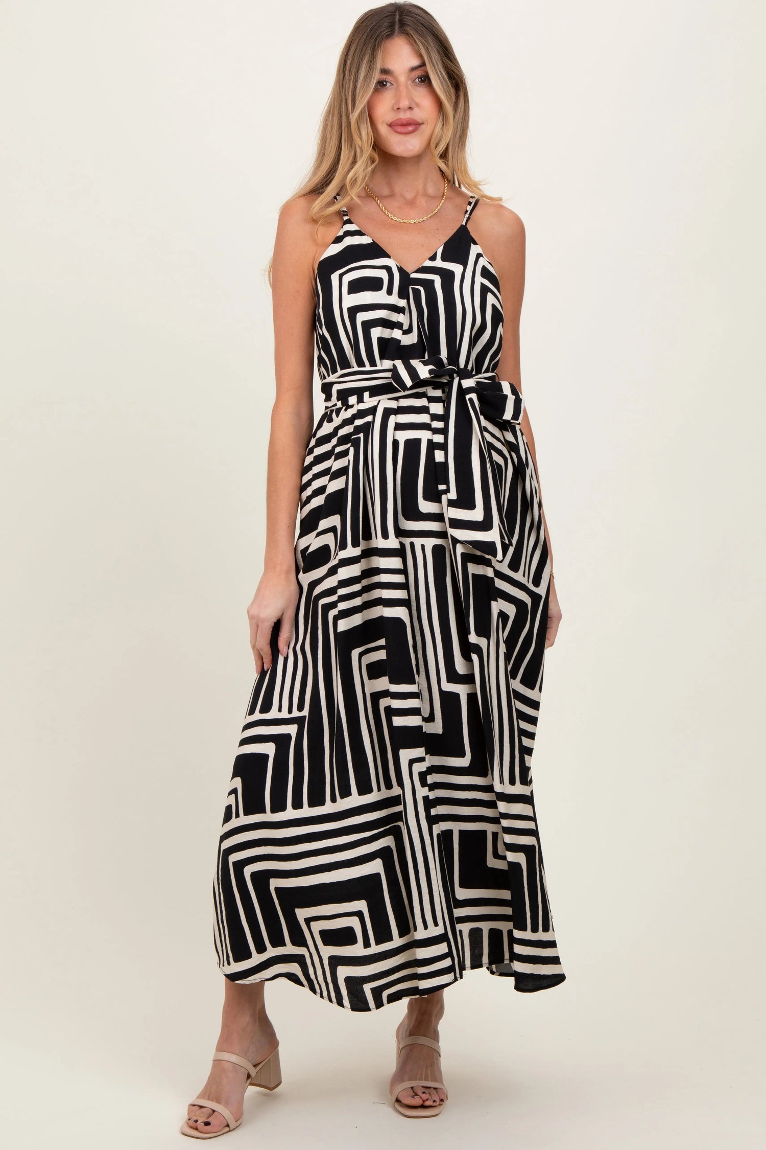 PinkBlush Black Geometric Print Sash Tie Maternity Maxi Dress - 