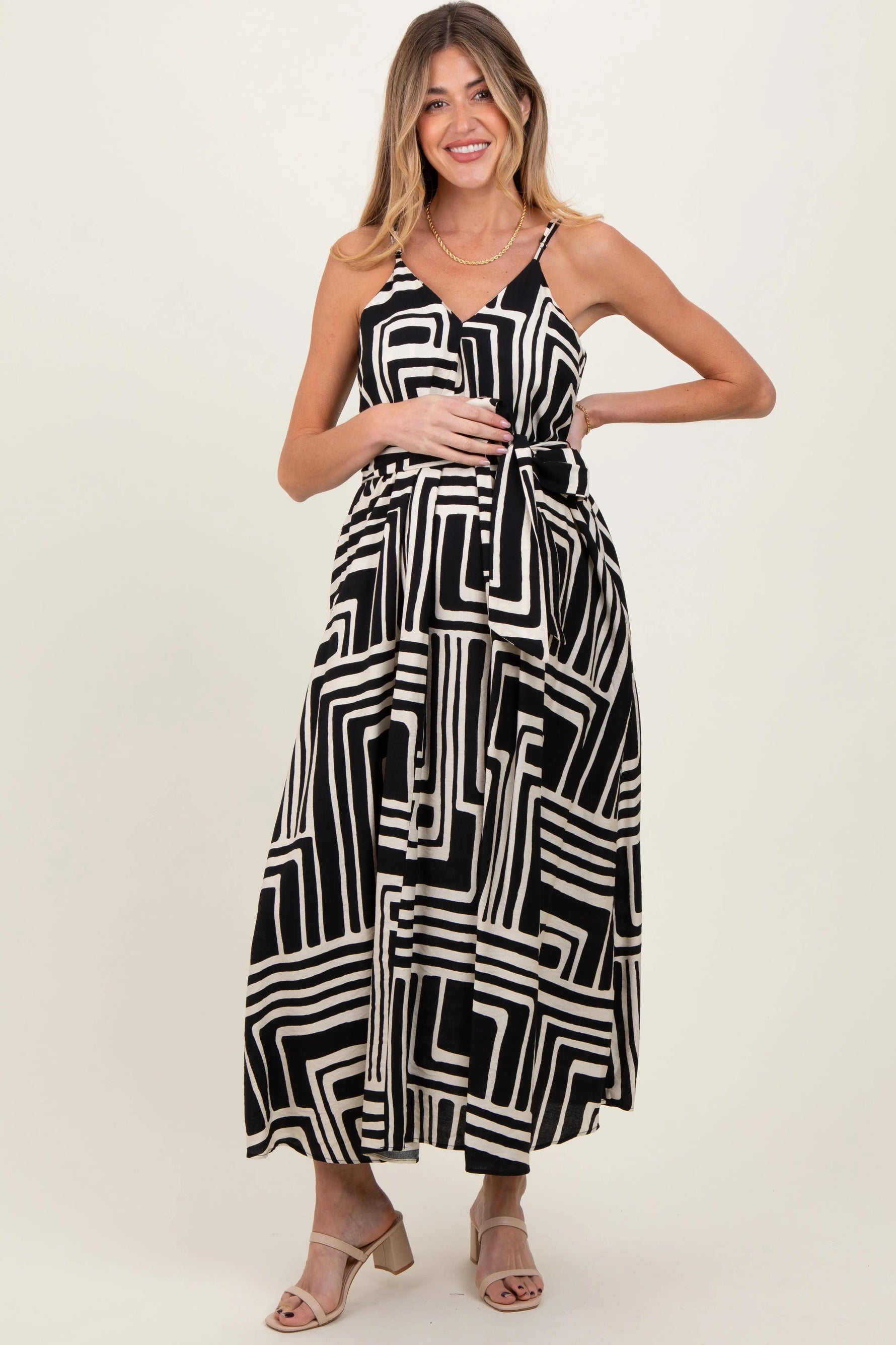 PinkBlush Black Geometric Print Sash Tie Maternity Maxi Dress - 