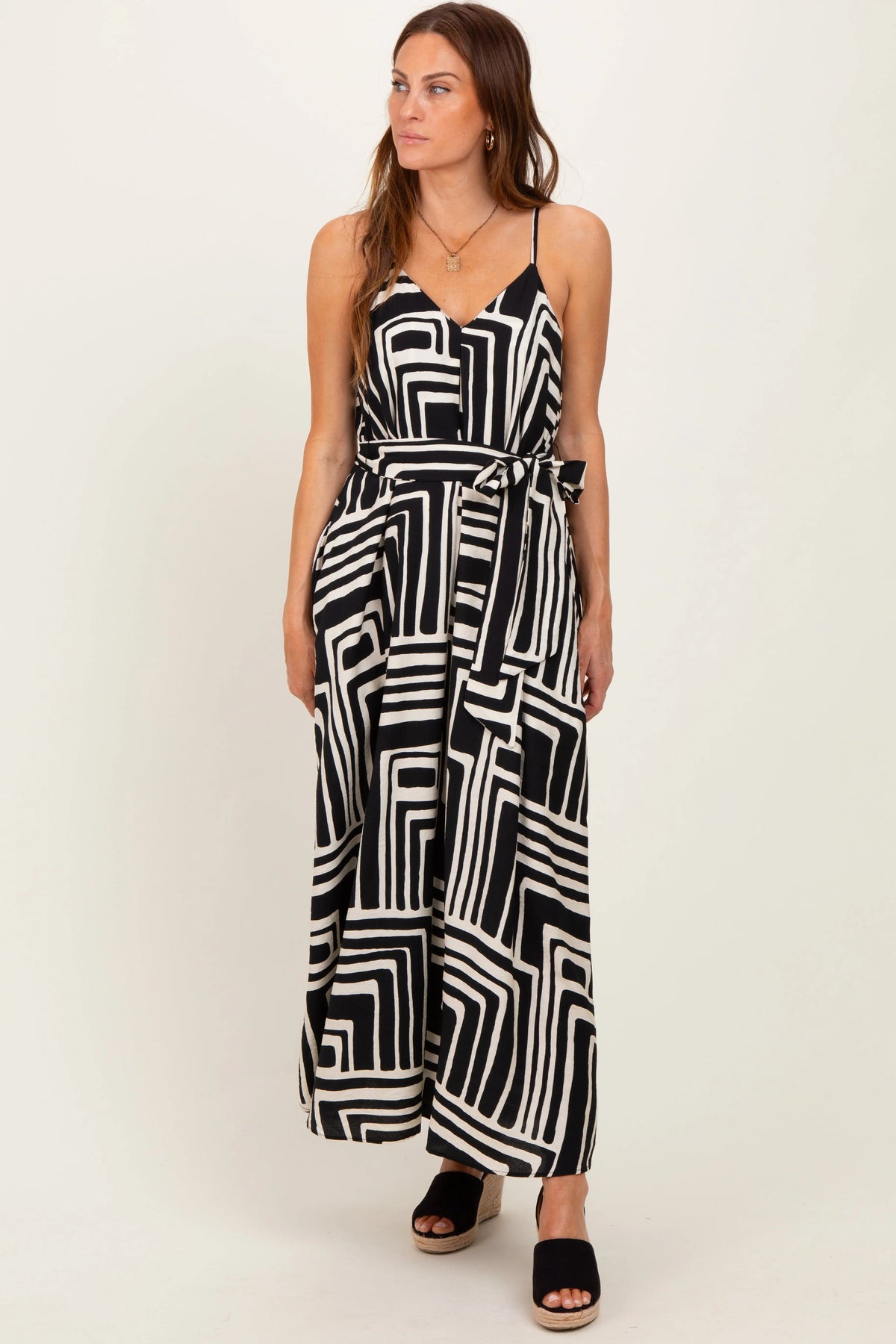 PinkBlush Black Geometric Print Sash Tie Maxi Dress - 