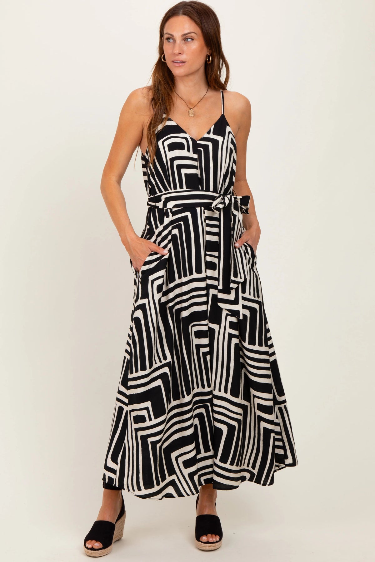 PinkBlush Black Geometric Print Sash Tie Maxi Dress - 