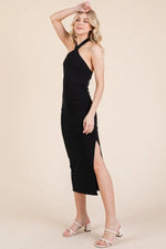 PinkBlush Black Halter Tied Criss - Cross Ribbed Midi Dress - 