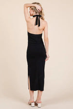 PinkBlush Black Halter Tied Criss - Cross Ribbed Midi Dress - 