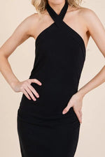 PinkBlush Black Halter Tied Criss - Cross Ribbed Midi Dress - 